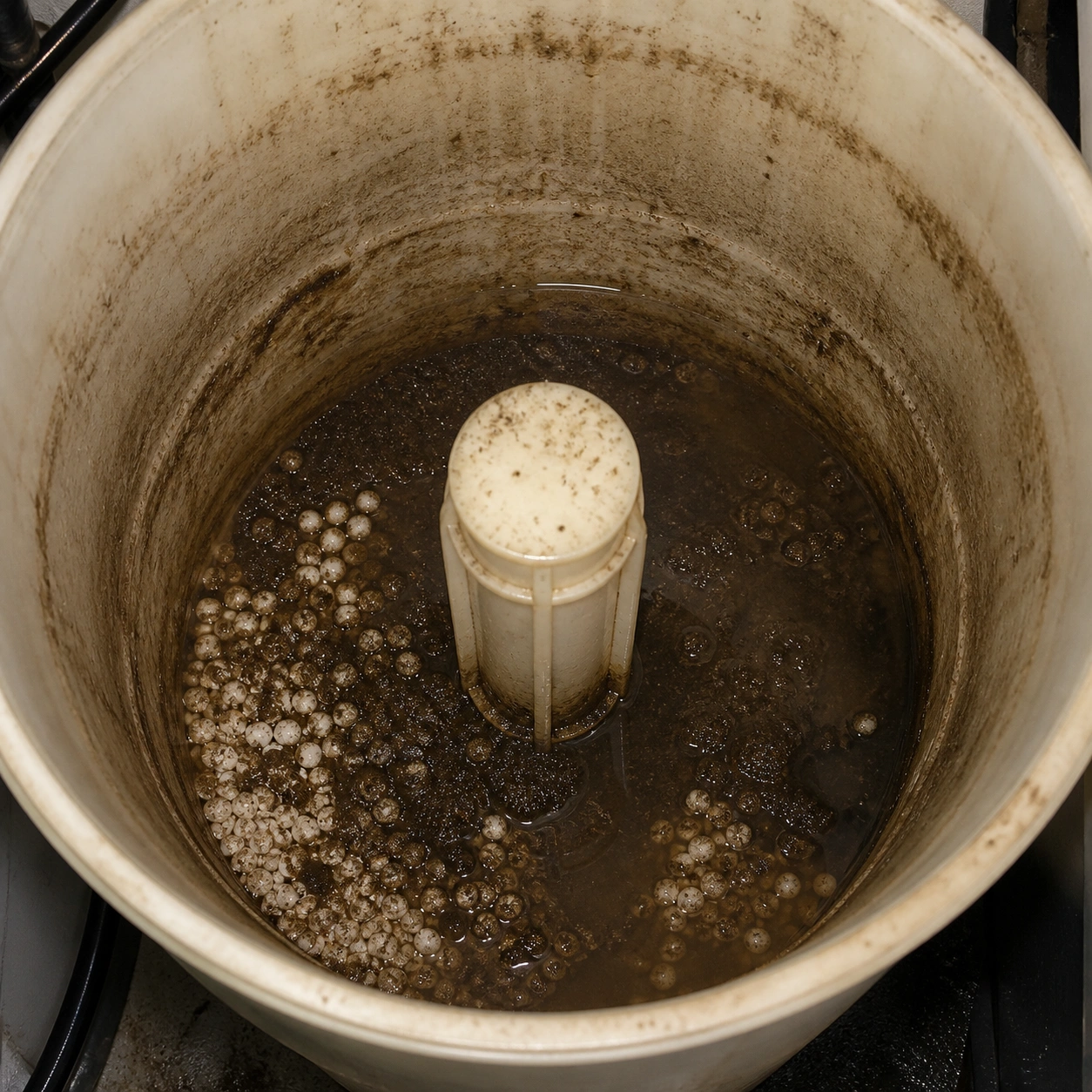 Dirty brine tank before cleaning with sludge buildup