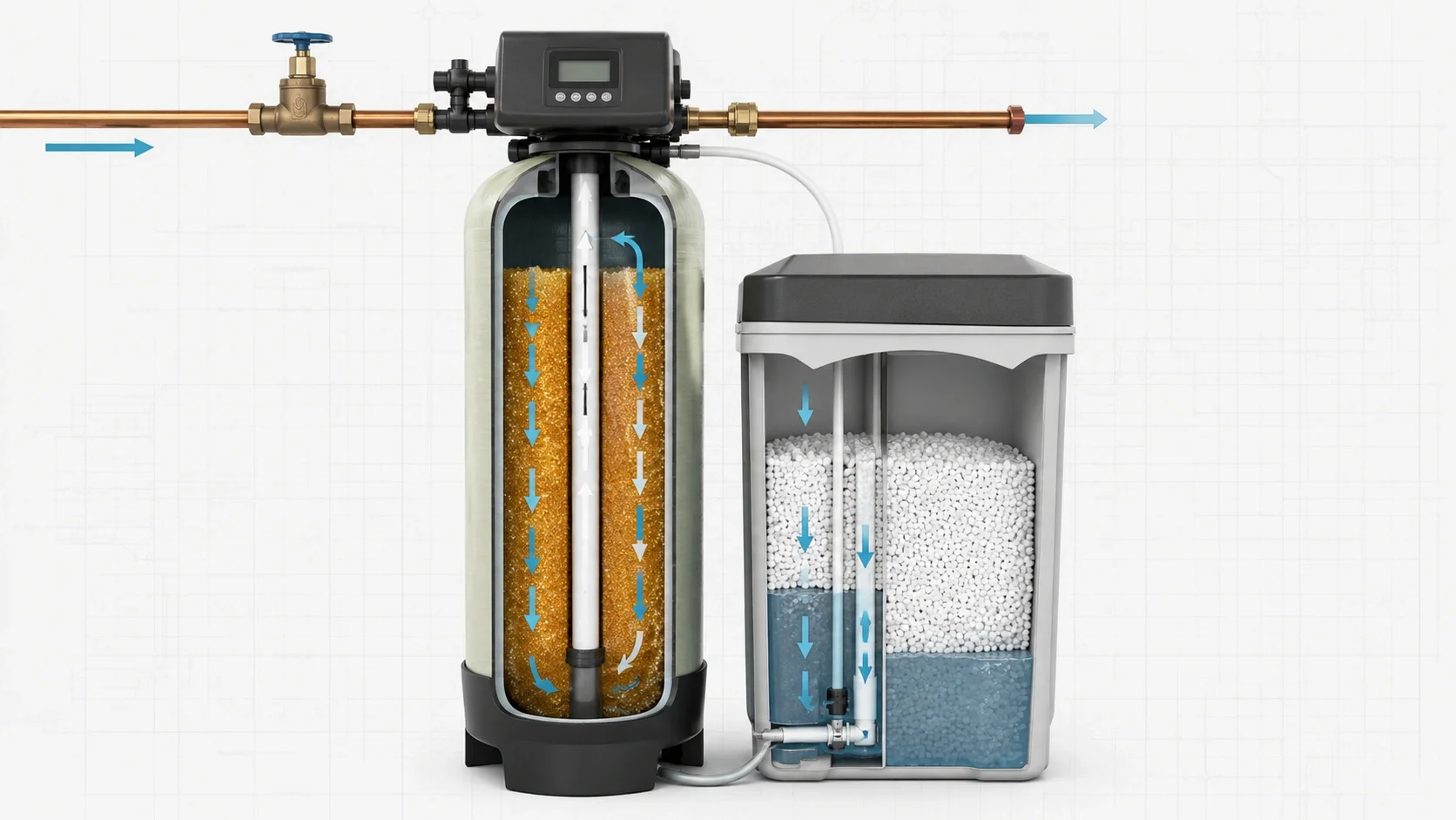 Salt-based water softener system diagram showing ion exchange process