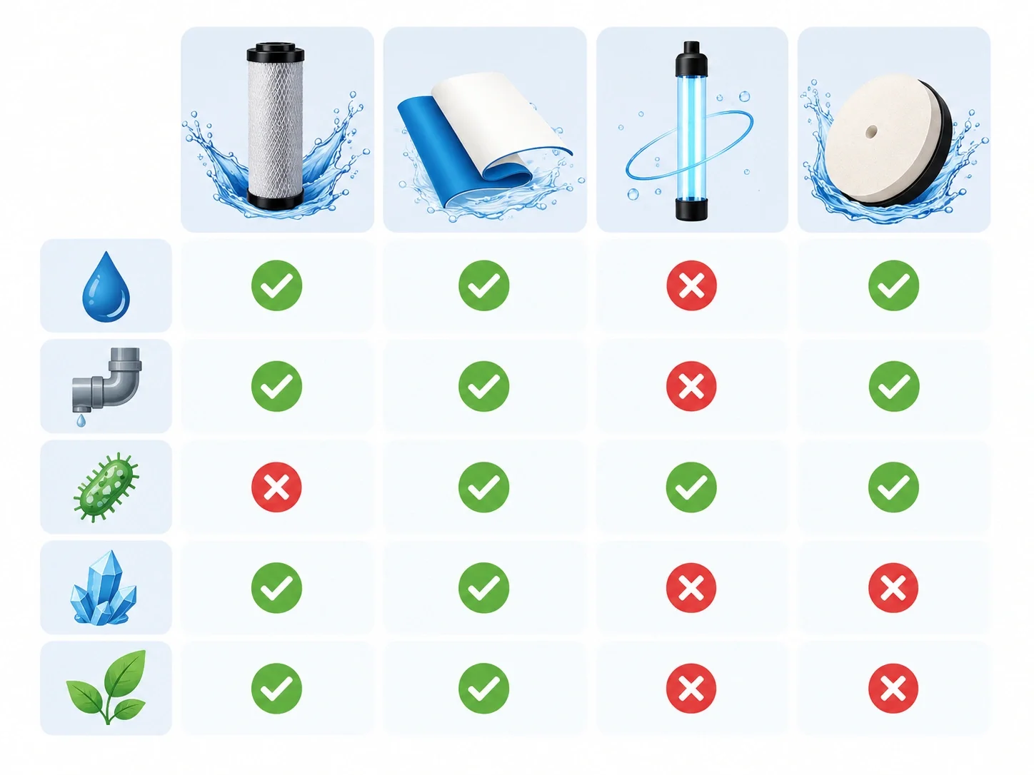 Water filter comparison chart showing contaminants removed