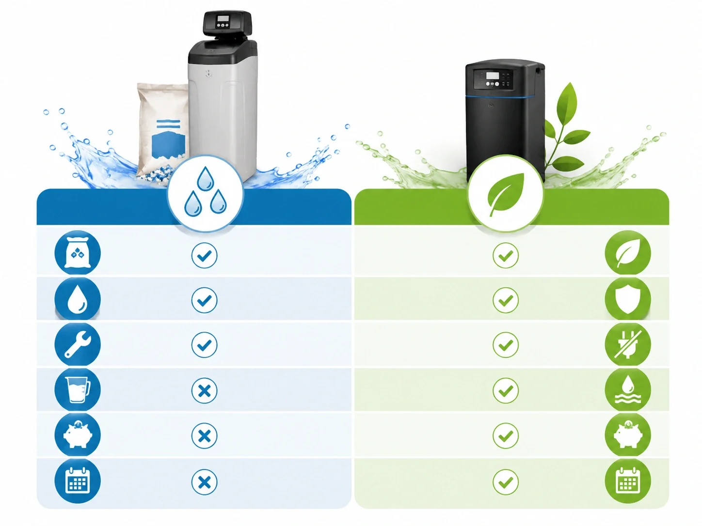 Comparison chart of salt-based vs salt-free water softener features