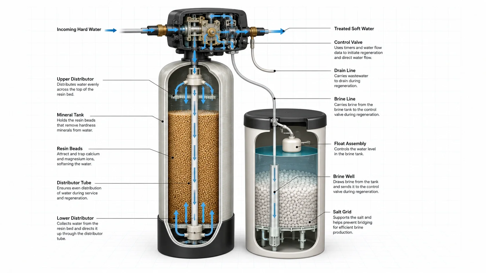 Diagram of water softener components and parts
