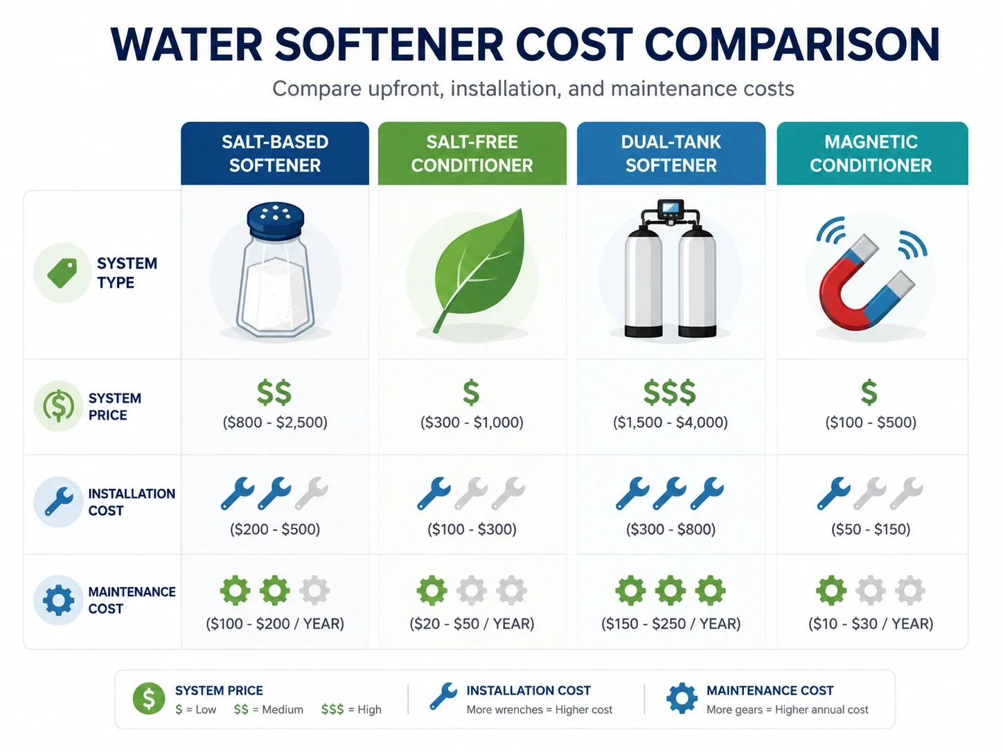 Cost comparison of salt-based vs salt-free water softeners