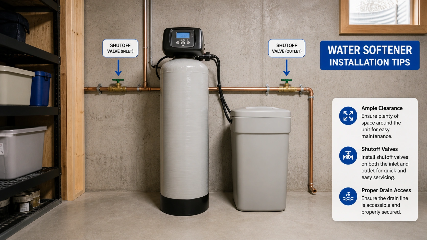 Proper water softener installation with adequate space for maintenance
