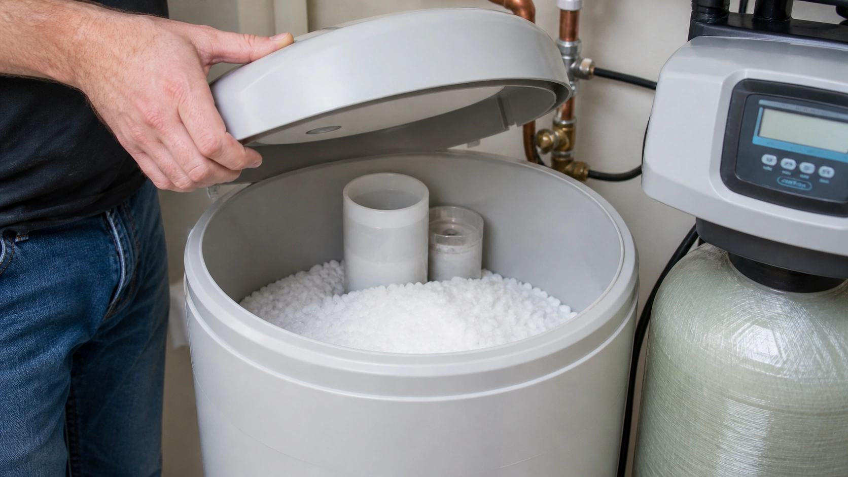 Checking salt levels in water softener brine tank