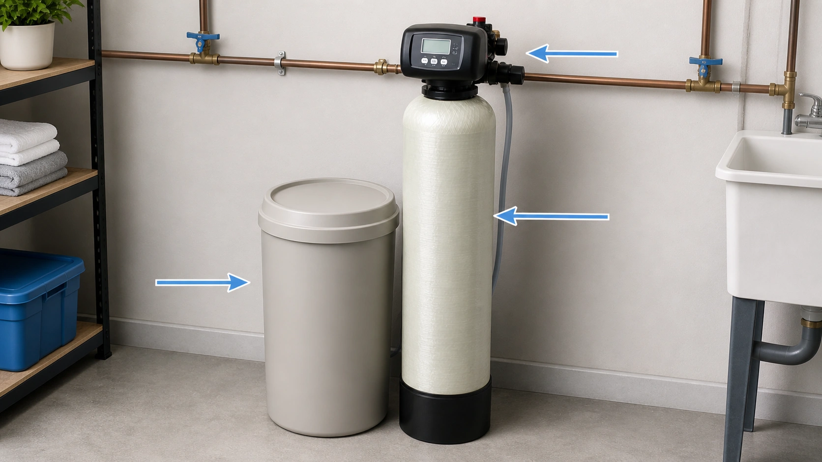 Water softener parts diagram showing resin tank brine tank and control valve