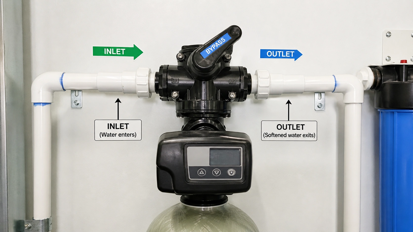 Connecting inlet and outlet pipes to water softener