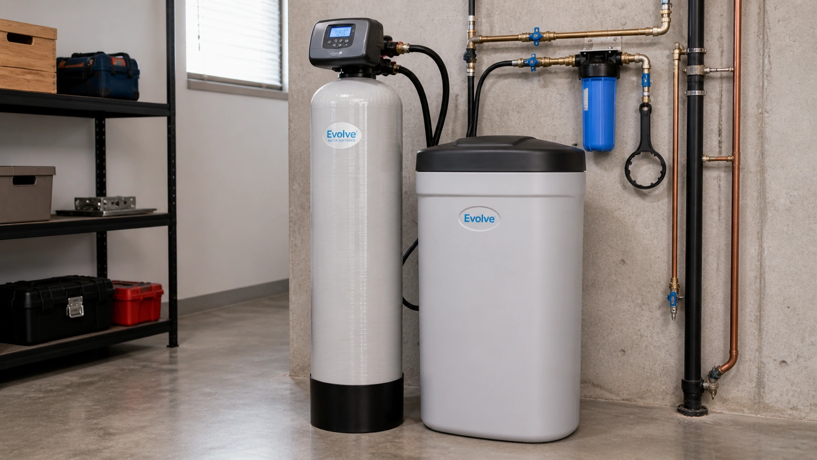 Complete water softener system ready for installation
