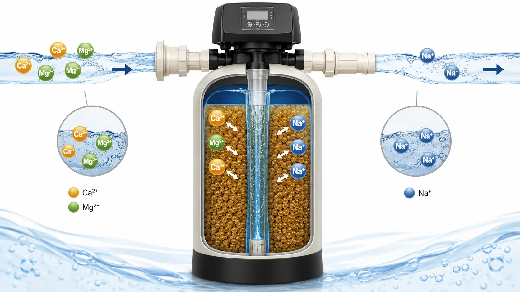 How water softener system works - ion exchange process diagram